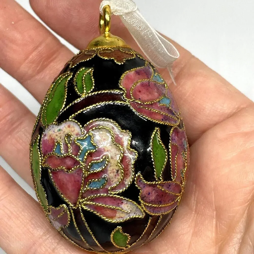 Pink Black Gold Floral Cloisonne‎ EGG Ornament Vintage